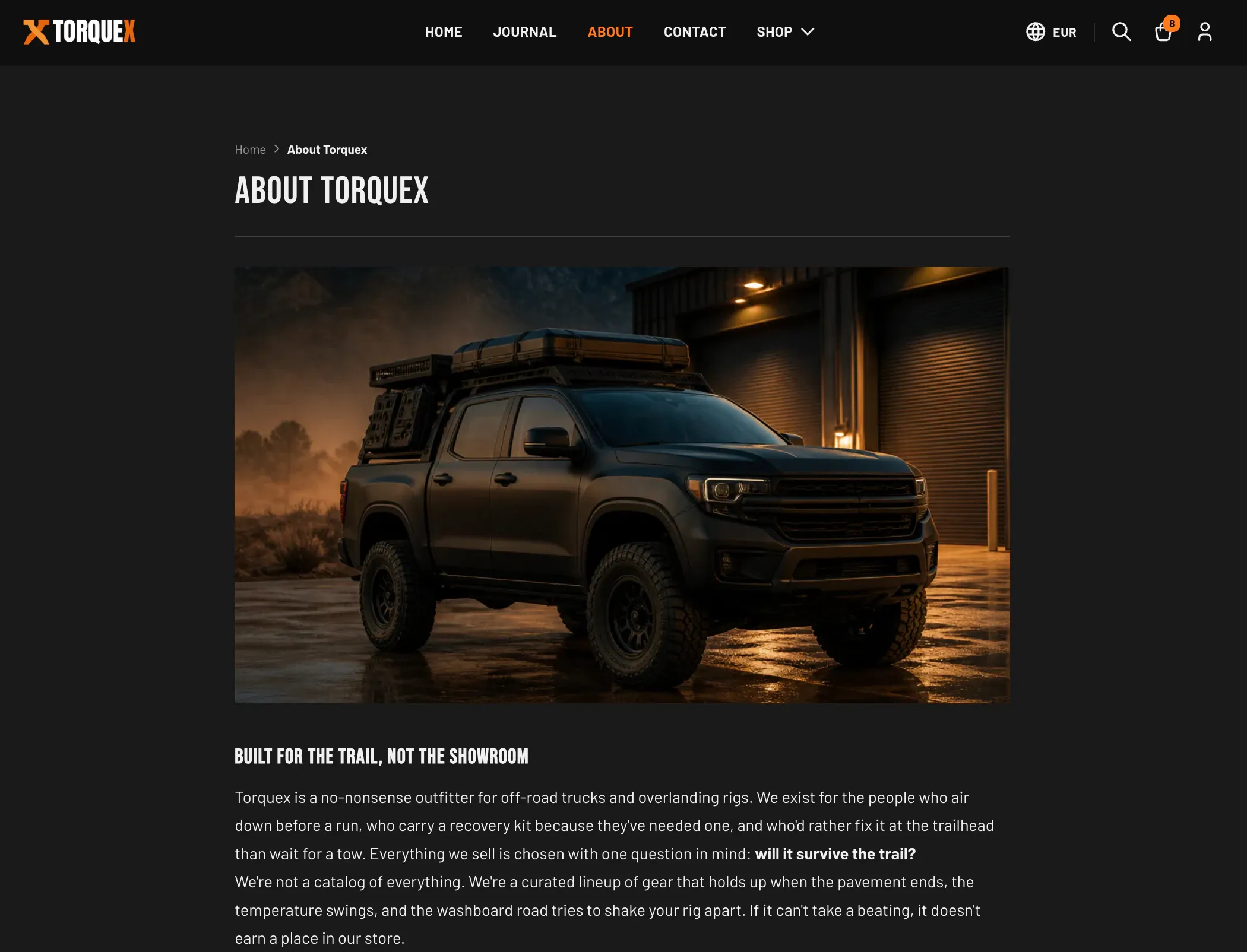 The Torquex standard page template — breadcrumbs and an "About Torquex" heading above a wide photo of an off-road truck, followed by a "Built for the trail, not the showroom" subheading and rich-text body copy