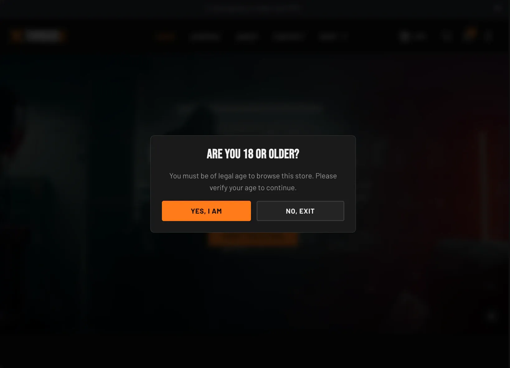 The Torquex age verification gate: a centered dark modal card on a blurred, dimmed page, showing the TORQUEX wordmark, an "Are you 18 or older?" heading, supporting text, and an orange "Yes, I am" confirm button beside an outlined "No, exit" button.