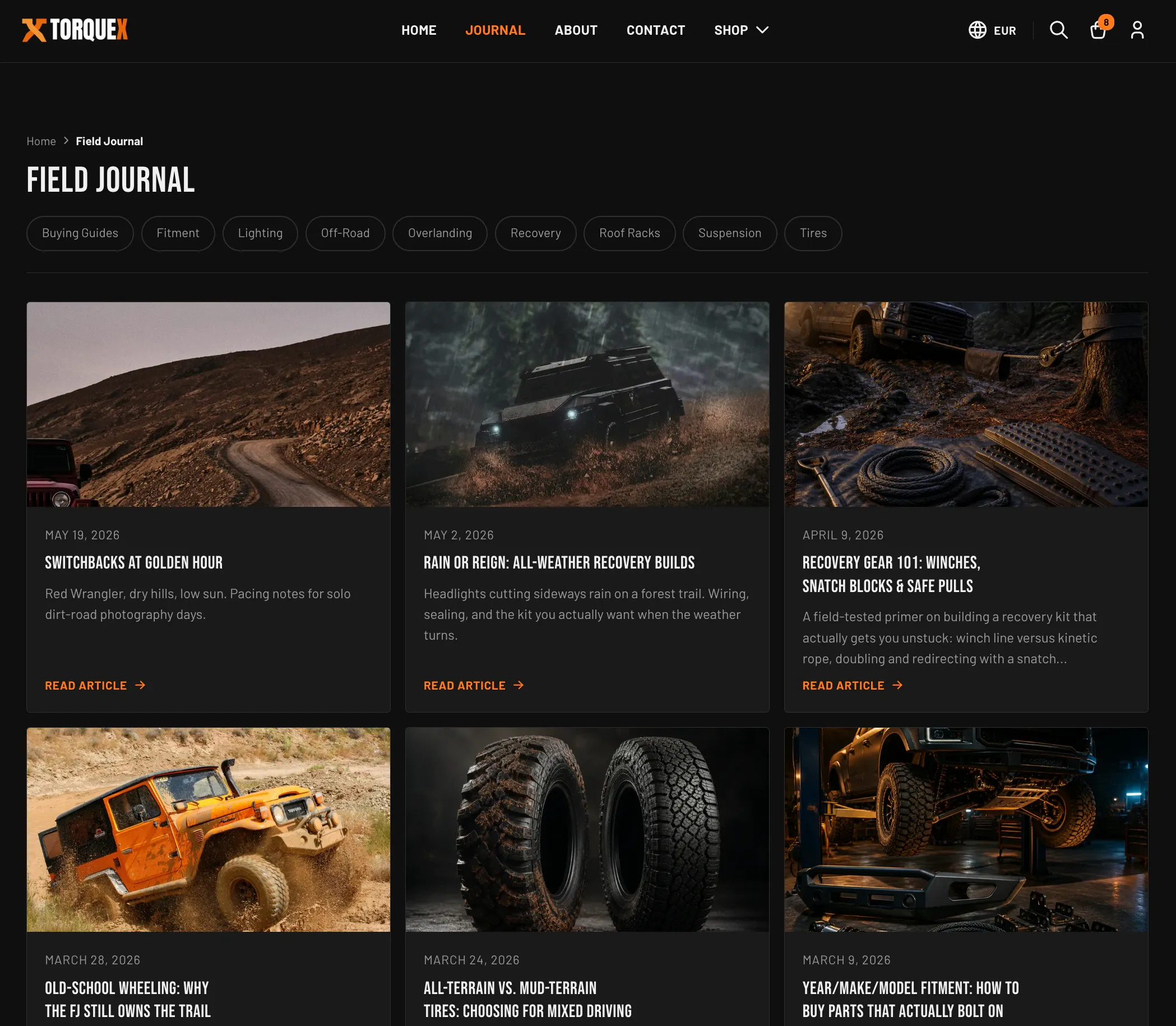 The Torquex blog index ("Field Journal") — a row of tag-filter pills (Buying Guides, Fitment, Lighting, Off-Road…) above a three-column grid of article cards, each with a photo, publish date, title, excerpt, and an orange "Read article" link