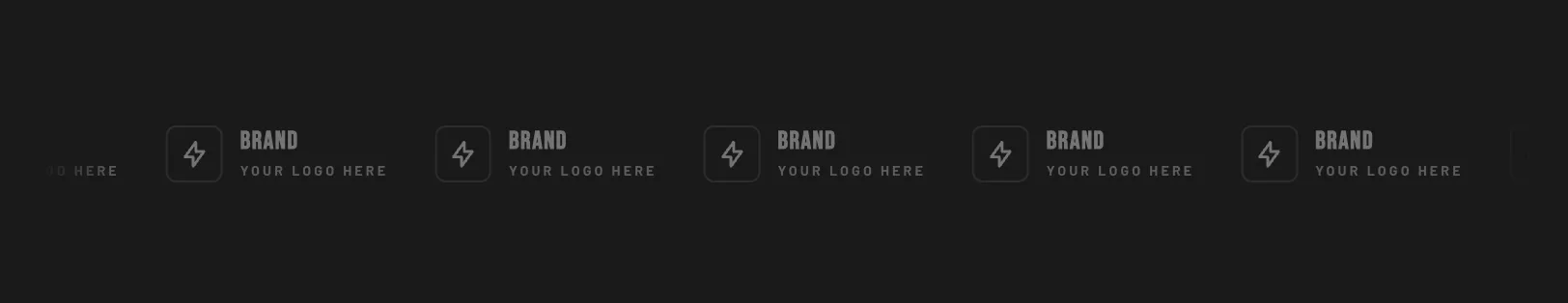 The Torquex Brand logo strip section in dark scheme-2: a centered "Brands we carry" heading above a single row of seven muted, grayscale wordmark lockups — Torquex, Bivouac, Forge & Fang, Iron Ridge, Summit, Voltway, Switchback — each with a small bolt mark in a rounded box and an uppercase tagline, reading like a uniform partner logo strip.