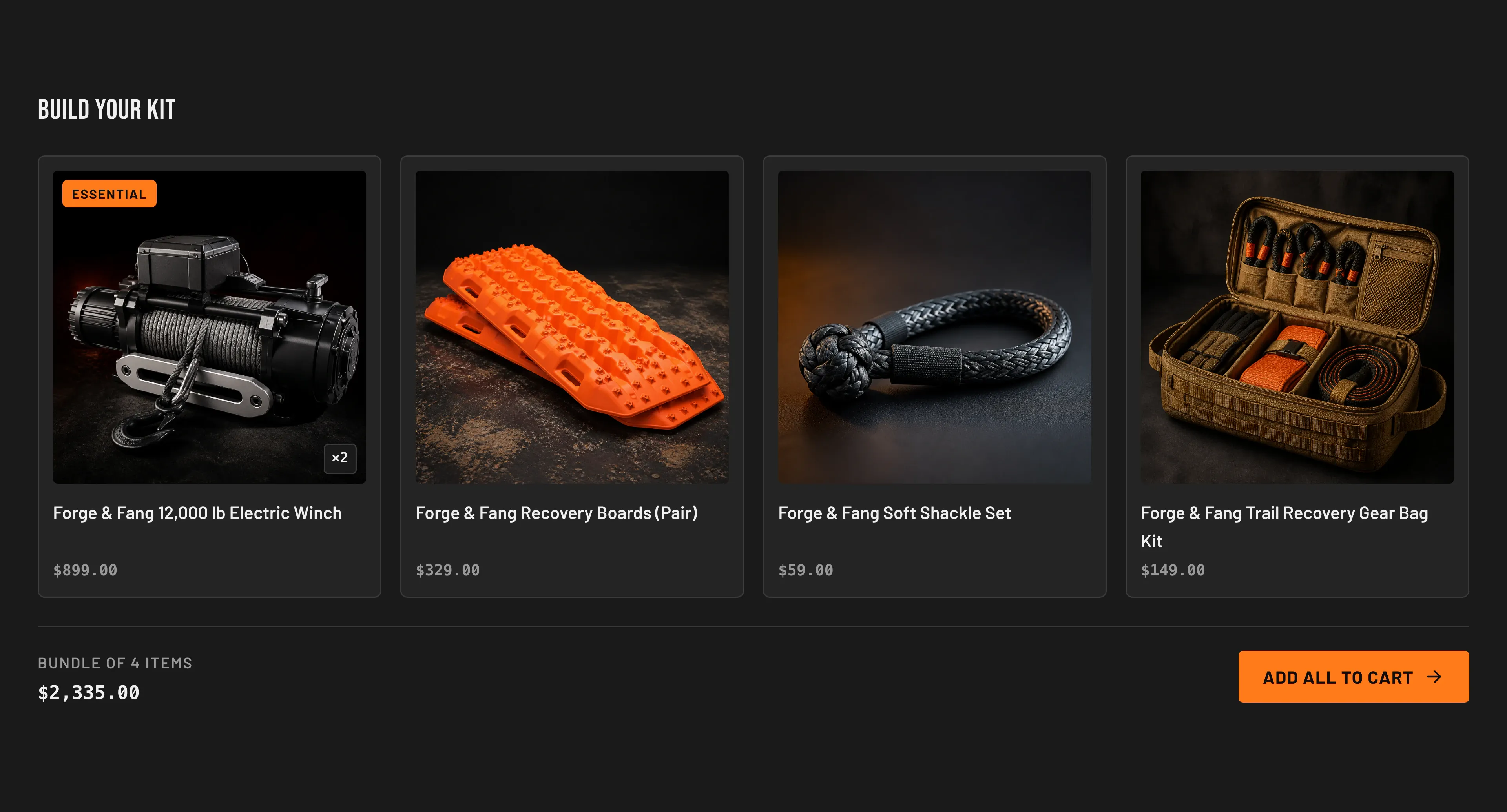 Torquex Bundle builder section headed "Build your kit," with a row of four dark product cards (a winch carrying an orange "Essential" badge and a "×2" quantity tag, recovery boards, a soft shackle set, and a recovery gear bag), and a bottom summary bar reading "Bundle of 4 items" with a $2,335.00 total and an orange "Add all to cart" button.