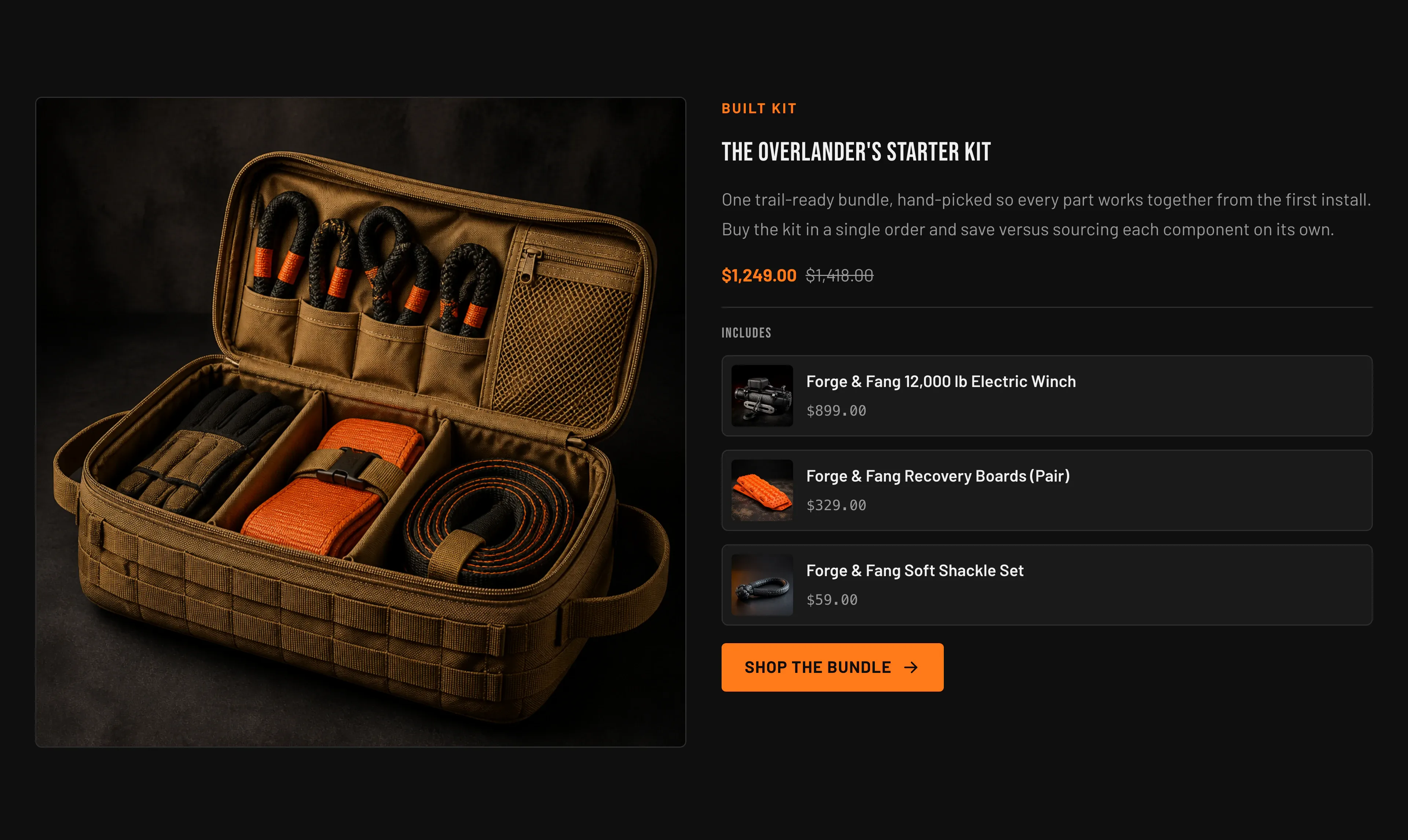 Torquex Bundle promo section: a large square photo of an open trail-recovery gear bag kit on the left, and on the right the orange "Built kit" eyebrow, the uppercase heading "The overlander's starter kit," supporting copy, a sale price ($1,249 with a struck-through $1,418), an Includes list of three product rows (winch, recovery boards, soft shackle) with thumbnails and prices, and an orange "Shop the bundle" button.