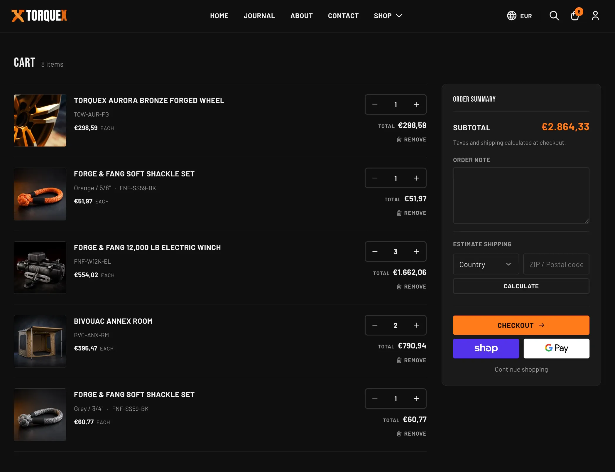 The Torquex full cart page — line items with product thumbnails, per-item quantity steppers and remove links on the left, and an order summary card on the right with subtotal, an order-note field, a shipping estimator, and orange "Checkout", "Shop", and "G Pay" buttons