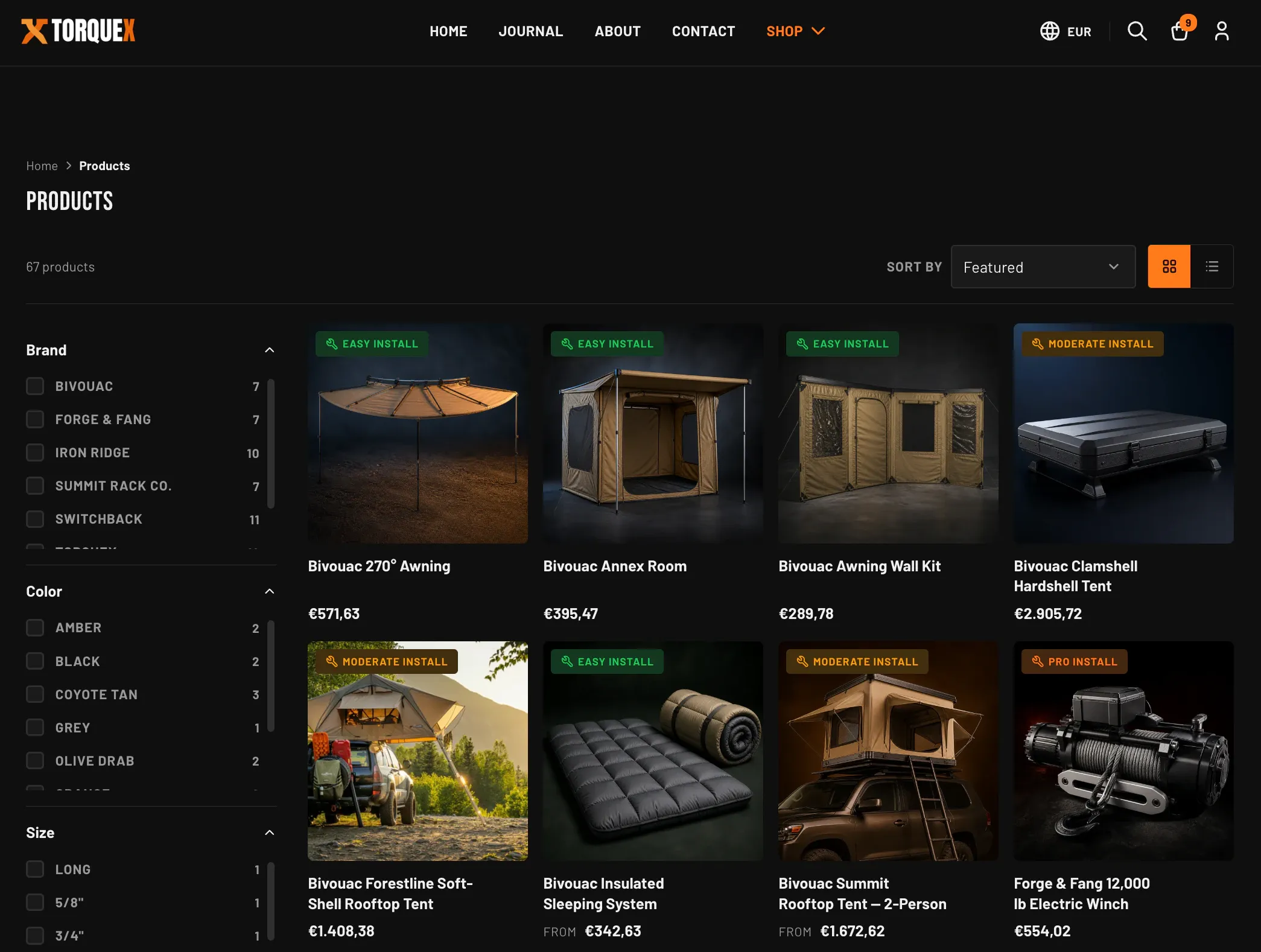 The Torquex collection page — a sticky filter sidebar (Brand, Color, Size) on the left, a toolbar with product count, a "Sort by" menu and grid/list toggle, and a four-column grid of product cards with install-difficulty badges and prices
