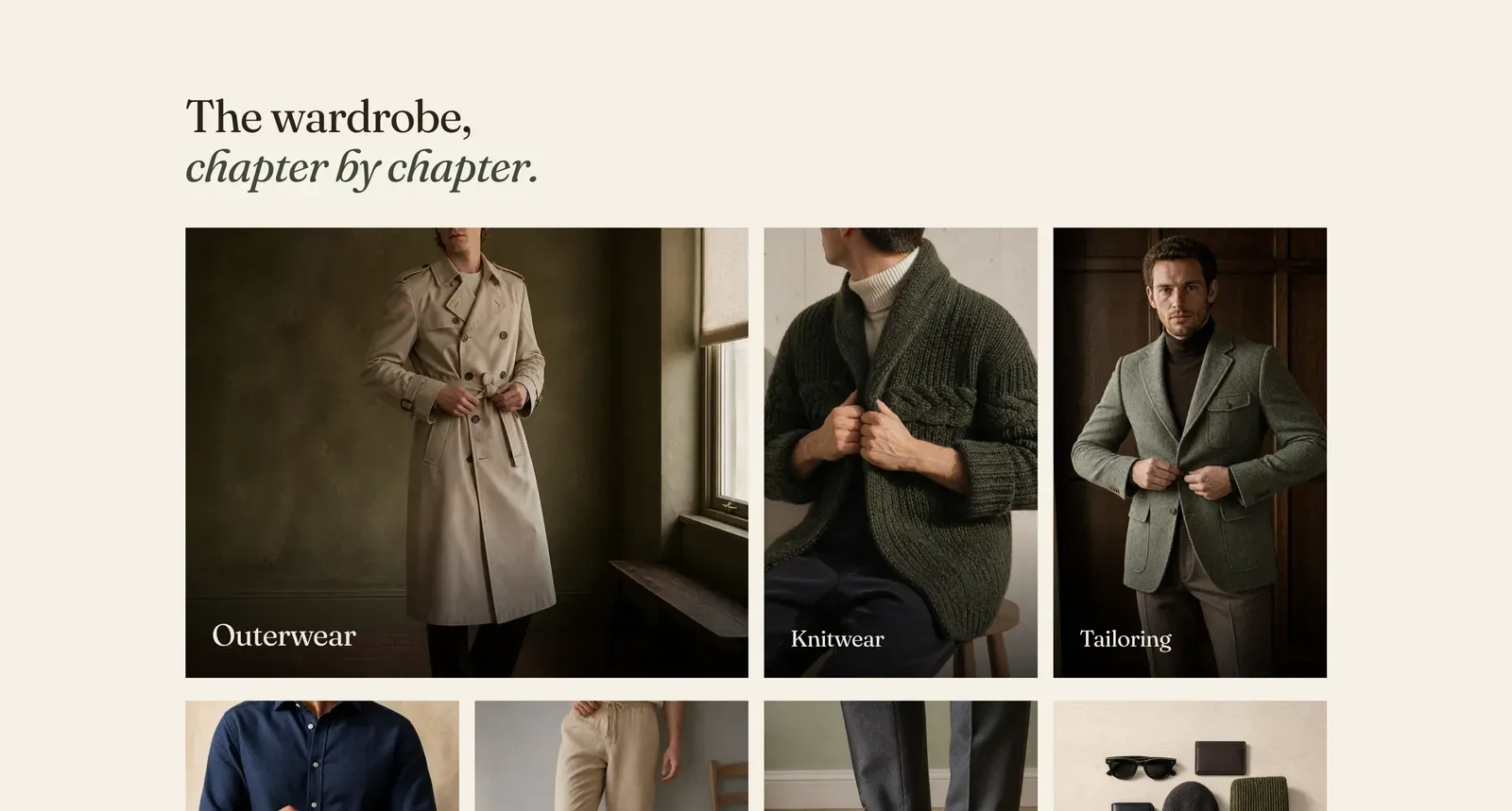 The Lapels Collection list section: the heading "The wardrobe, chapter by chapter." with the second half in italic, above a grid of photographs with collection names set over the lower left of each: Outerwear over a trench coat in a doorway, Knitwear over a cable cardigan, and Tailoring over a green blazer, with a second row beginning beneath.