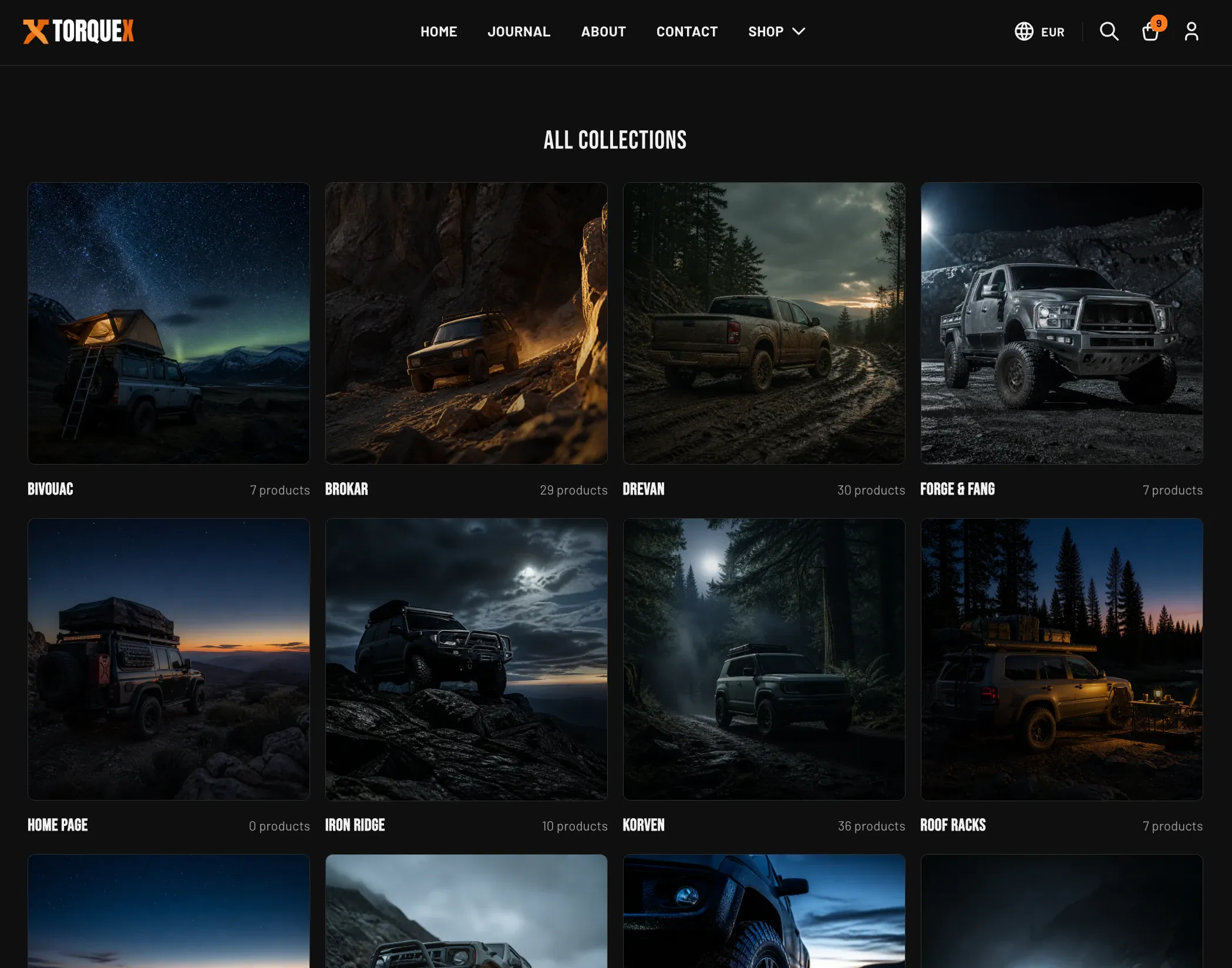 The Torquex all-collections page — a centered "All collections" heading above a four-column grid of collection cards (Bivouac, Brokar, Drevan, Forge & Fang, Iron Ridge, Korven, Roof Racks…), each a dark overlanding photo with the collection name and its product count
