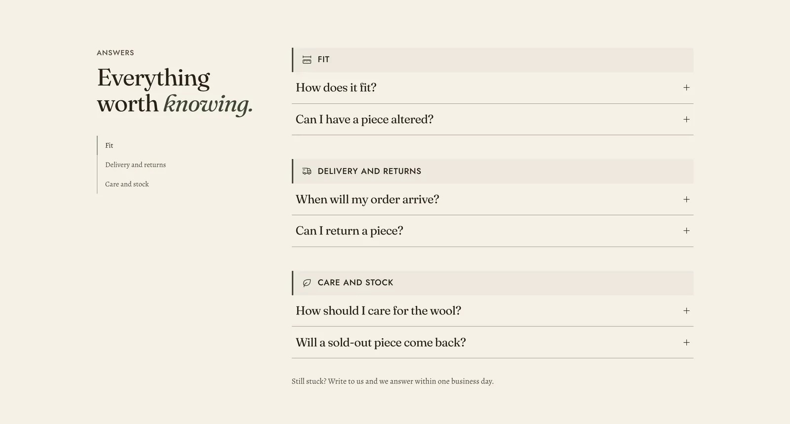The Lapels FAQ section: the label "Answers" over the heading "Everything worth knowing." with the last word in italic and a short category index reading Fit, Delivery and returns, Care and stock, beside grouped rows. Under a FIT header sit "How does it fit?" and "Can I have a piece altered?". Under DELIVERY AND RETURNS sit "When will my order arrive?" and "Can I return a piece?". Under CARE AND STOCK sit "How should I care for the wool?" and "Will a sold-out piece come back?". Each row carries a plus mark at the right.
