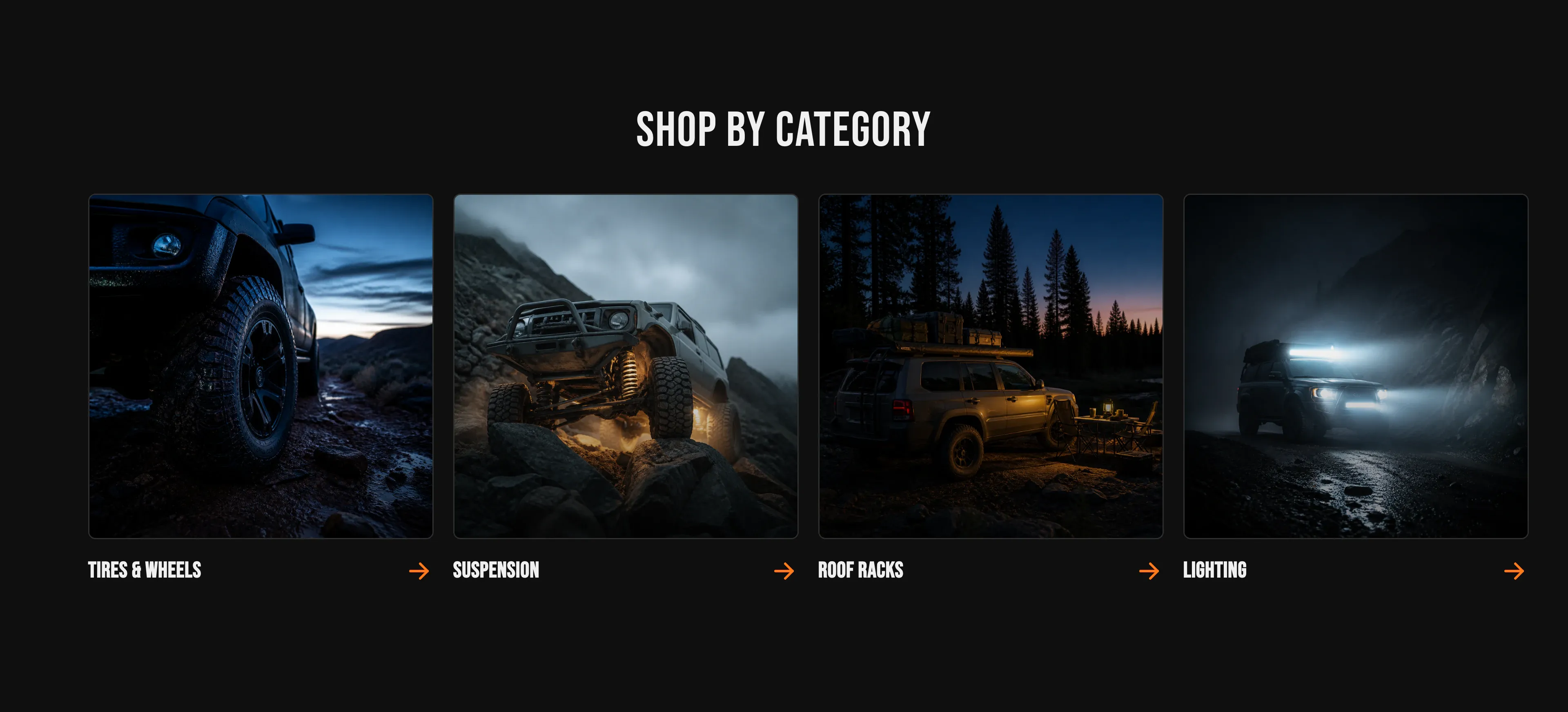 Torquex Featured collections section on a near-black background: a centered "Shop by category" heading above four square collection cards with cinematic dark off-road photos — Tires & Wheels, Suspension, Roof Racks and Lighting — each with a gradient overlay, an uppercase title and an orange arrow call-to-action.
