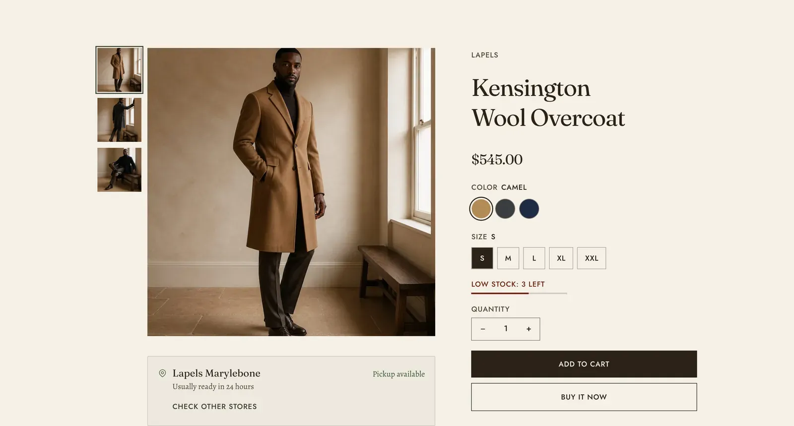 The Lapels Featured product section: a photograph of a man in a camel overcoat beside a window with three thumbnails stacked at its left, and at the right the vendor line "LAPELS", the title "Kensington Wool Overcoat", the price $545.00, a camel color swatch row, a size row from S to XXL, a "LOW STOCK: 3 LEFT" line, a quantity stepper, and "Add to cart" and "Buy it now" buttons over a store pickup line.