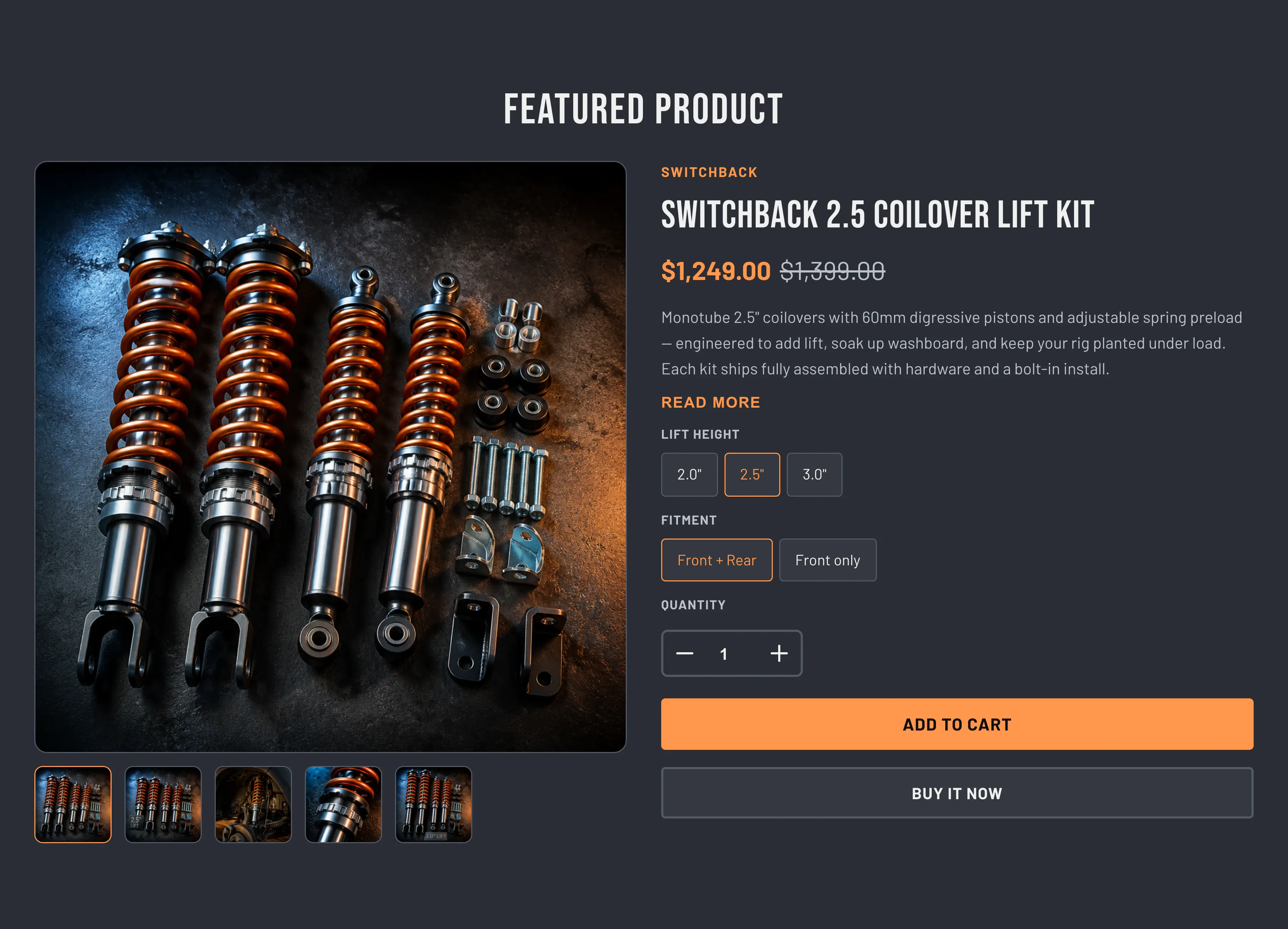 Torquex Featured product section: a Switchback 2.5 coilover lift kit shown in a slate-grey buy box, with a main studio photo of four orange coilovers above a row of thumbnails on the left, and product info on the right — vendor, title, sale price, a truncated description, Lift Height and Fitment chip pickers, a quantity stepper, and orange Add to cart and Buy it now buttons.