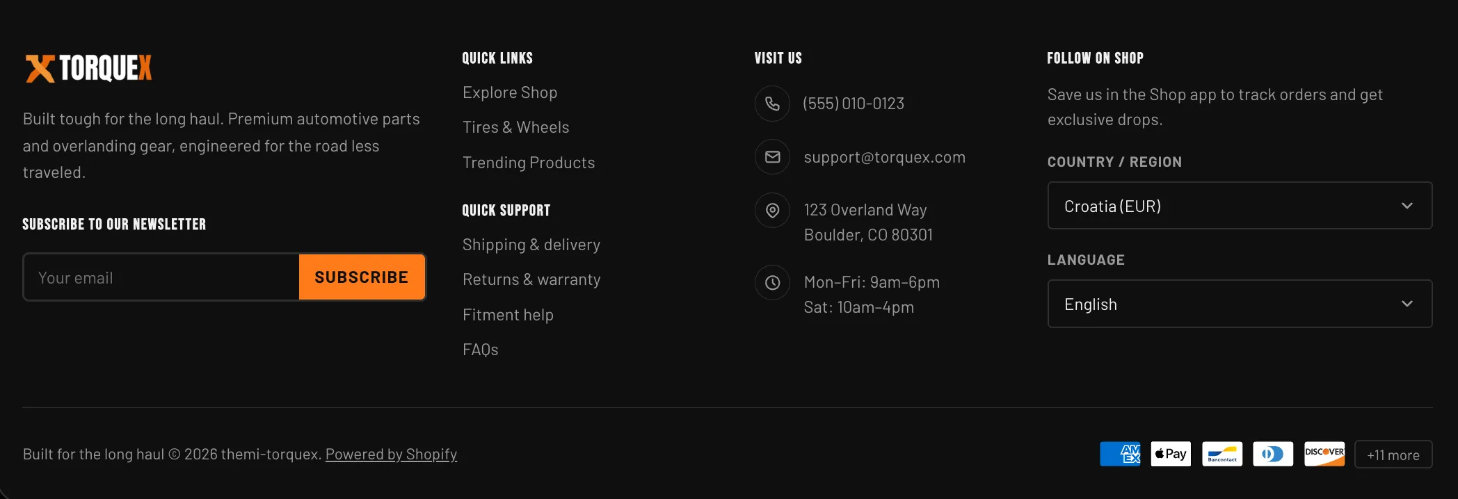 The Torquex footer on desktop — at the left a "TORQUEX" wordmark, a short brand description, a row of circular social icons and a newsletter signup with an orange "Subscribe" button; to its right three columns (Quick Links and Quick Support menus, a "Visit Us" contact list with phone, email, address and hours, and a "Follow On Shop" block with a purple Shop button); and a bottom bar with the copyright line at the left and Visa, Mastercard, Amex, PayPal and Shop Pay icons at the right