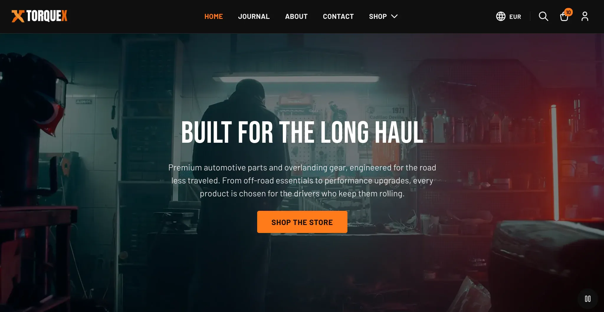 The Torquex theme homepage hero — a dark garage scene with the headline "Built for the long haul," a short intro line, and an orange "Shop the store" button, below a header with the Torquex logo and main navigation