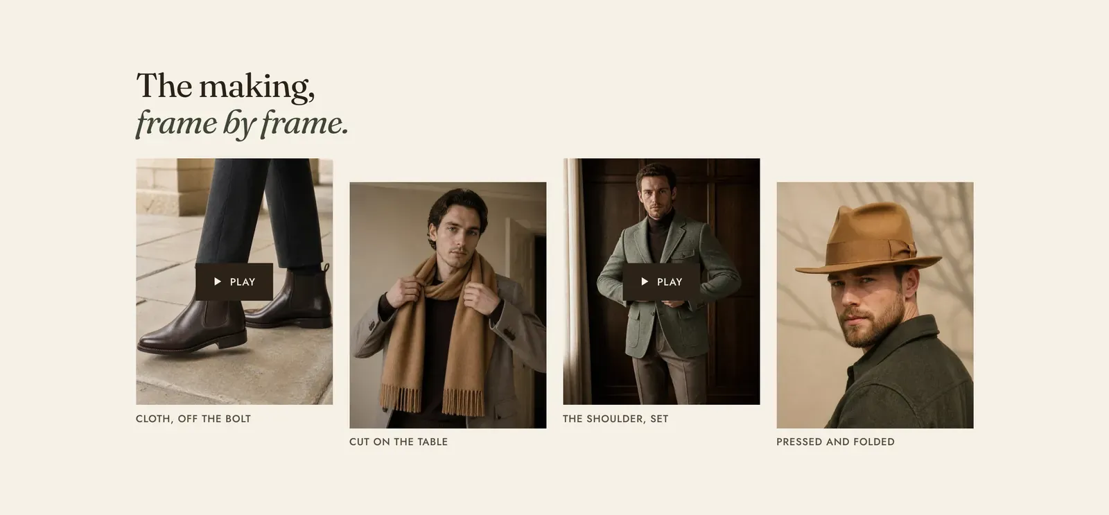 The Lapels Media row section: the heading "The making, frame by frame." with the last three words in italic, above four frames set at different heights. A pair of dark boots is captioned CLOTH, OFF THE BOLT with a play mark. A camel scarf is captioned CUT ON THE TABLE. A green blazer is captioned THE SHOULDER, SET with a play mark. A felt hat is captioned PRESSED AND FOLDED.