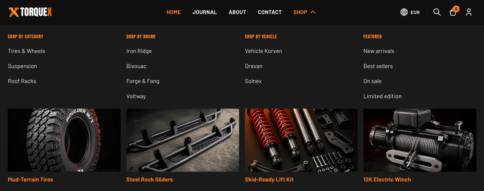 The Torquex Shop mega menu open on desktop — a full-width dark panel under the header with four columns (Shop by Category, Shop by Brand, Shop by Vehicle, Featured), each a second-level link whose nested children appear as the column's links, and a promo image card with an orange caption at the bottom of every column (Mud-Terrain Tires, Steel Rock Sliders, Skid-Ready Lift Kit, 12K Electric Winch)