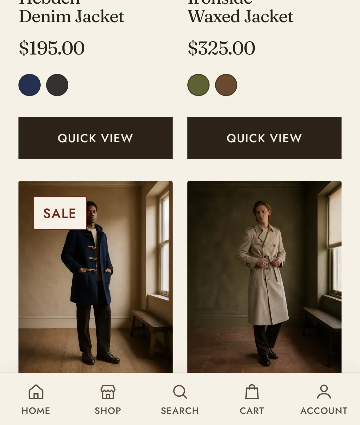The Lapels mobile navigation bar: the foot of a phone screen showing an outerwear collection grid. It carries a navy duffle coat marked SALE and a stone trench coat, with Hebden Denim Jacket $195.00 and Ironside Waxed Jacket $325.00 and their QUICK VIEW buttons above. Pinned across the bottom edge is a pale bar of five icon controls labeled HOME, SHOP, SEARCH, CART and ACCOUNT.