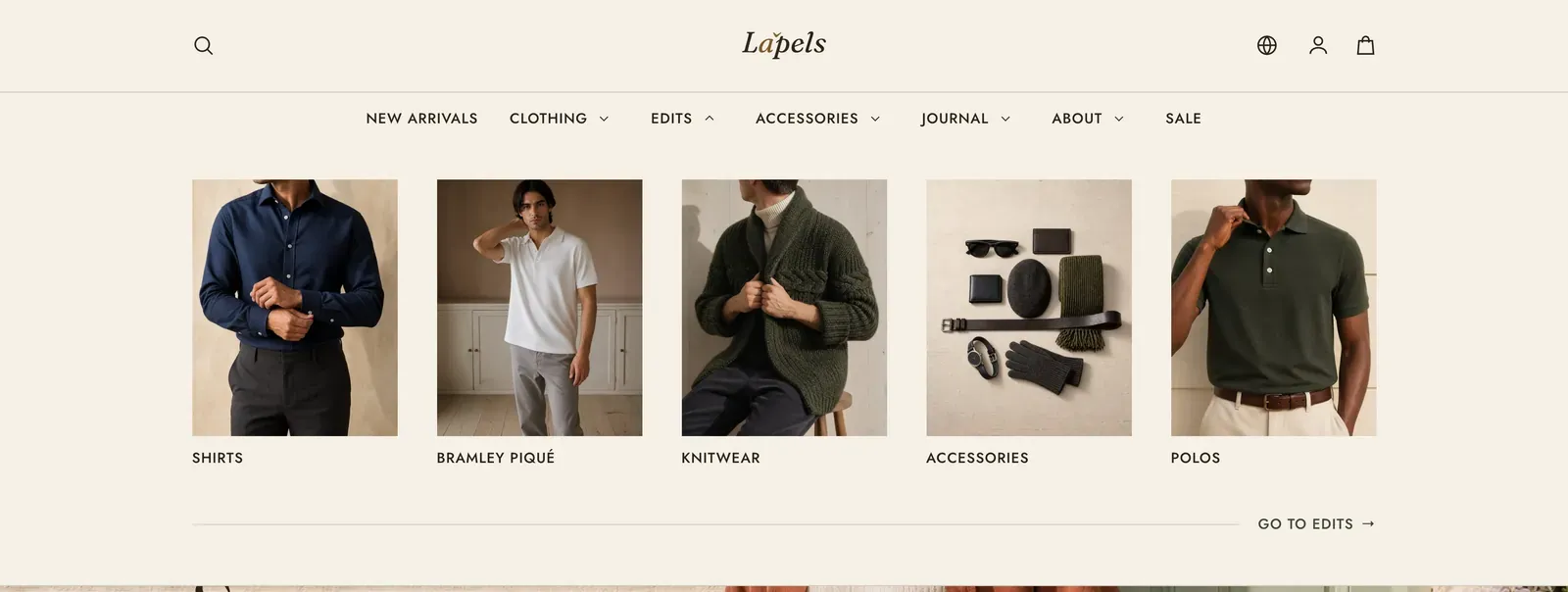 A Lapels mega menu unfolded under the Edits item, running the full width of the page: five picture cards labeled Shirts, Bramley Piqué, Knitwear, Accessories and Polos, above a hairline that runs across to a Go to Edits link at the right.