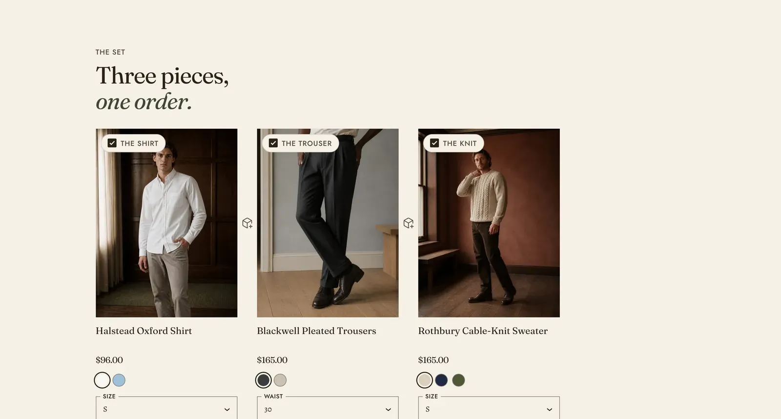 The Lapels Product bundle section: the label "The set" over the heading "Three pieces, one order." with the last two words in italic, above three product cards, each tagged THE SHIRT, THE TROUSER and THE KNIT with a ticked checkbox. They read Halstead Oxford Shirt $96.00, Blackwell Pleated Trousers $165.00 and Rothbury Cable-Knit Sweater $165.00, each with color dots and a size or waist selector beneath.