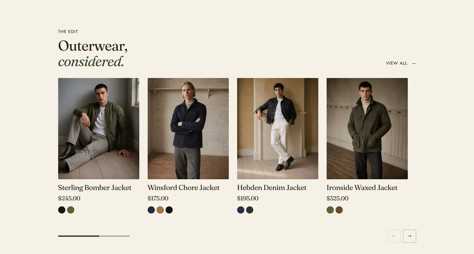 The Lapels Product carousel section: the label "The edit" over the heading "Outerwear, considered." with the last word in italic, a "View all" link at the right, and a row of product cards running off the right edge, reading Sterling Bomber Jacket, Winsford Chore Jacket, Hebden Denim Jacket and Ironside Waxed Jacket, each with its price and color dots, above a progress bar and a pair of arrows.