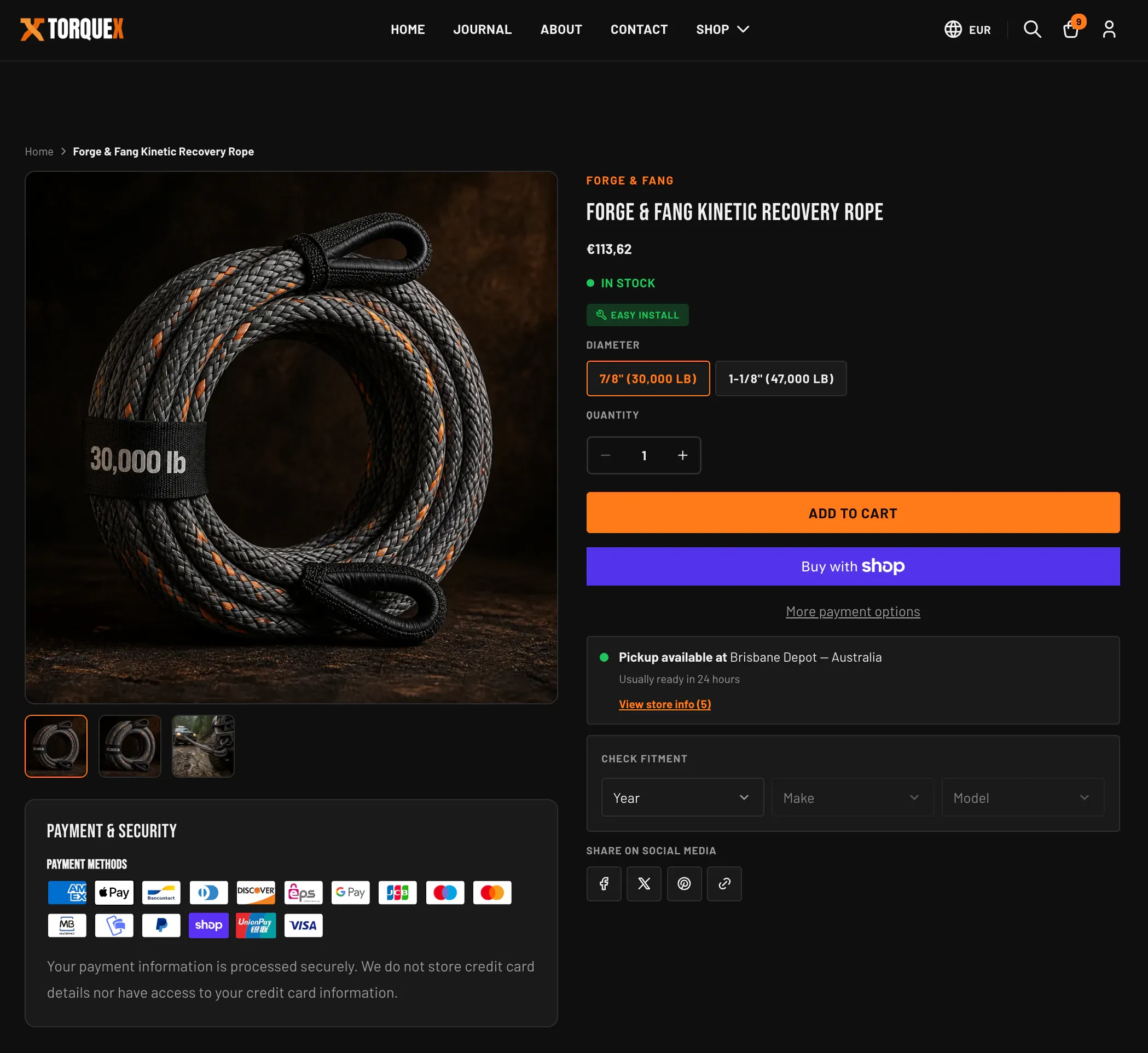 The Torquex product page — a media gallery with thumbnail strip and a "Payment & Security" panel on the left, and a buy box on the right with vendor, title, price, in-stock indicator, diameter variant chips, quantity stepper, an orange "Add to cart" button, a "Buy with Shop" button, pickup availability, and a Year/Make/Model fitment selector