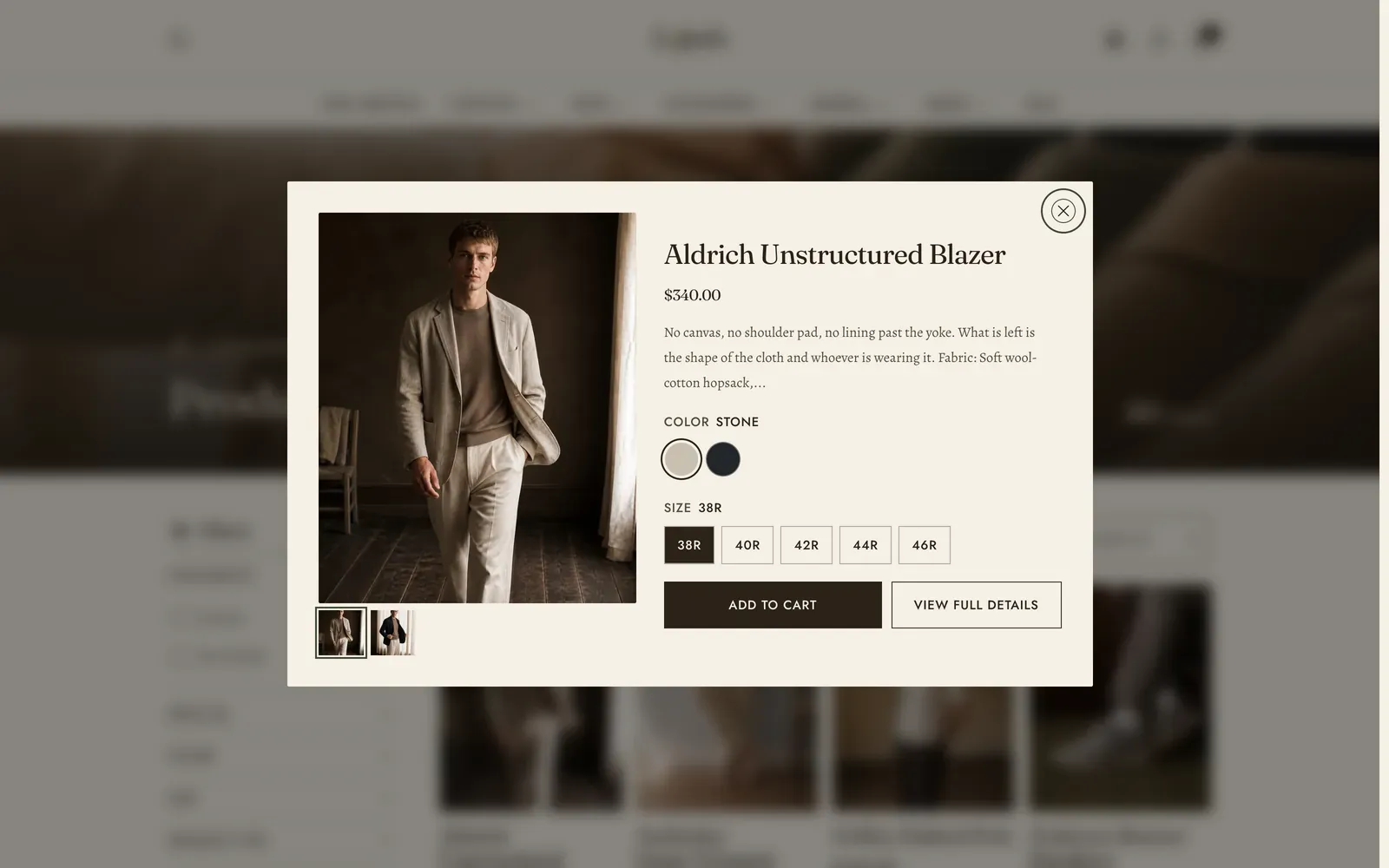 The Lapels quick view open over a dimmed product grid: a photograph of a model in a stone unstructured blazer at the left with two thumbnails beneath it, and at the right the name Aldrich Unstructured Blazer, the price $540.00, a short description of the cloth, two color swatches, five size buttons from 38R to 46R, and Add to cart and View full details buttons.
