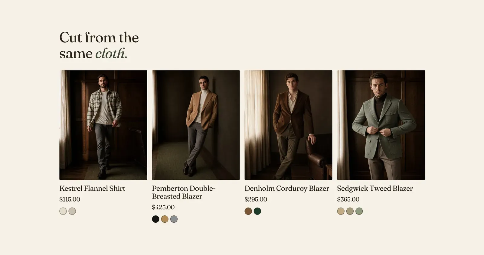 The Lapels Related products section: the heading "Cut from the same cloth." with the last word in italic, above four product cards reading Kestrel Flannel Shirt $115.00, Pemberton Double-Breasted Blazer $425.00, Denholm Corduroy Blazer $295.00 and Sedgwick Tweed Blazer $565.00, each with its color dots beneath.