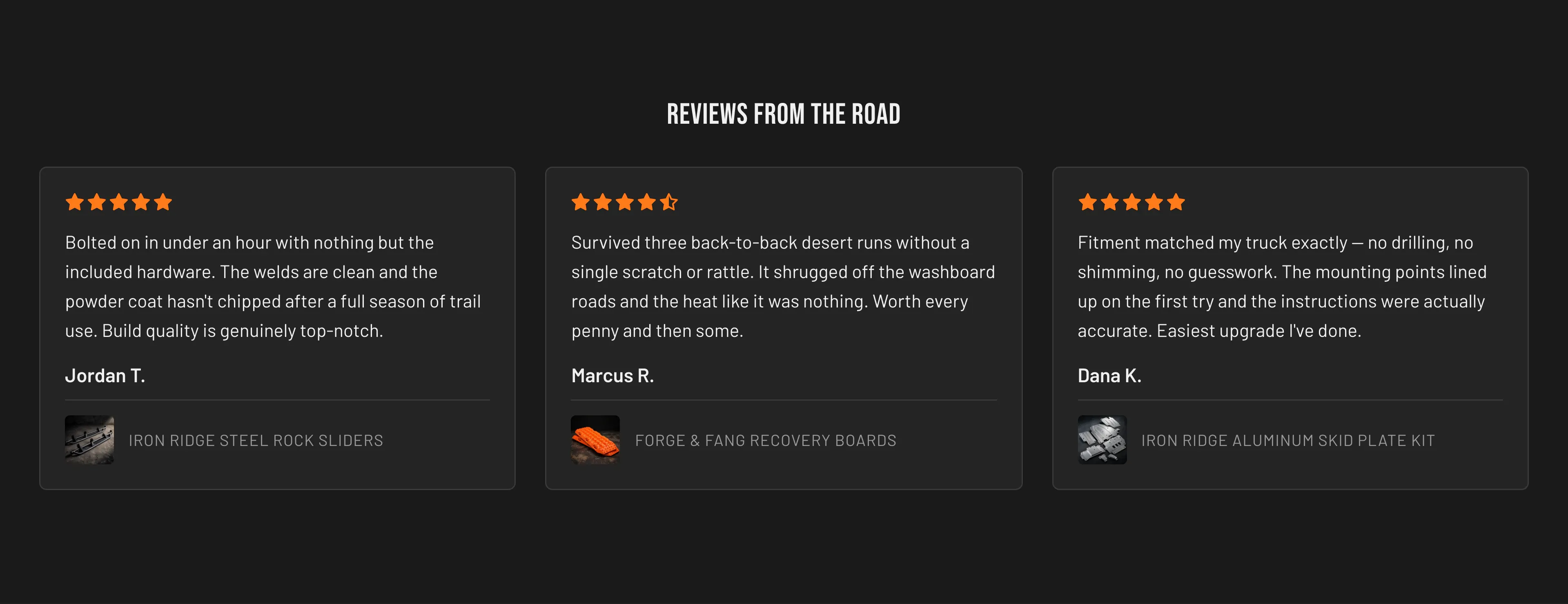 Torquex Reviews showcase section under the heading "Reviews from the road," with three dark review cards in a row — each showing an orange star rating (one a half-star), the review text, the reviewer's name, and a small product thumbnail with an uppercase product title for the reviewed part.