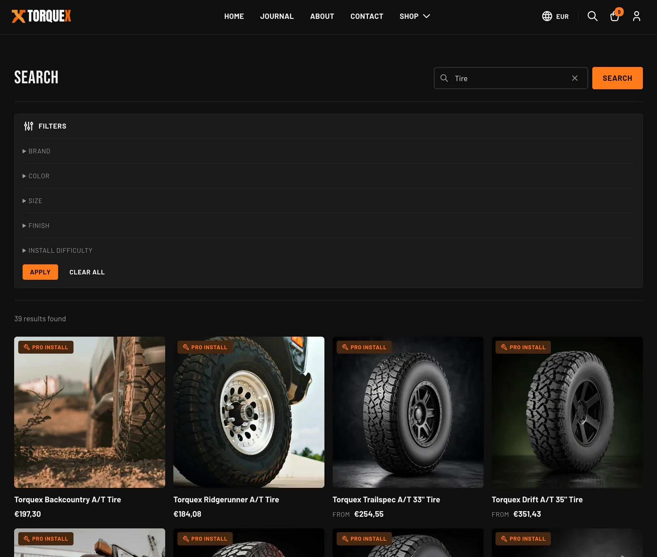 The Torquex search results page — a "Search" heading with a search box ("Tire") and orange Search button, a collapsible Filters panel, a "39 results found" count, and a four-column grid of tire product cards with "Pro install" badges and prices