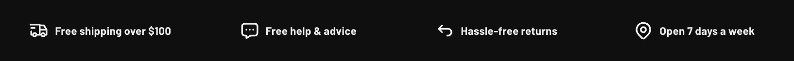 The Torquex service bar — a black bar with four evenly spaced benefit items, each an orange line icon beside bold text: a truck and "Free shipping over $100", a speech bubble and "Free help & advice", a Return icon and "Hassle-free returns", and a map pin and "Open 7 days a week"