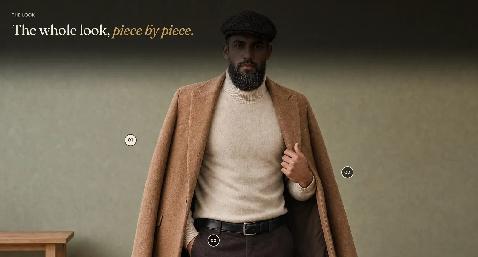 The Lapels Shop the look section: a wide photograph of a man in a camel overcoat, cream roll neck and flat cap standing against a pale green wall, with the label "The look" over the heading "The whole look, piece by piece." in the upper left, and three small numbered marks reading 01, 02 and 03 set on the coat, the sleeve and the waist.