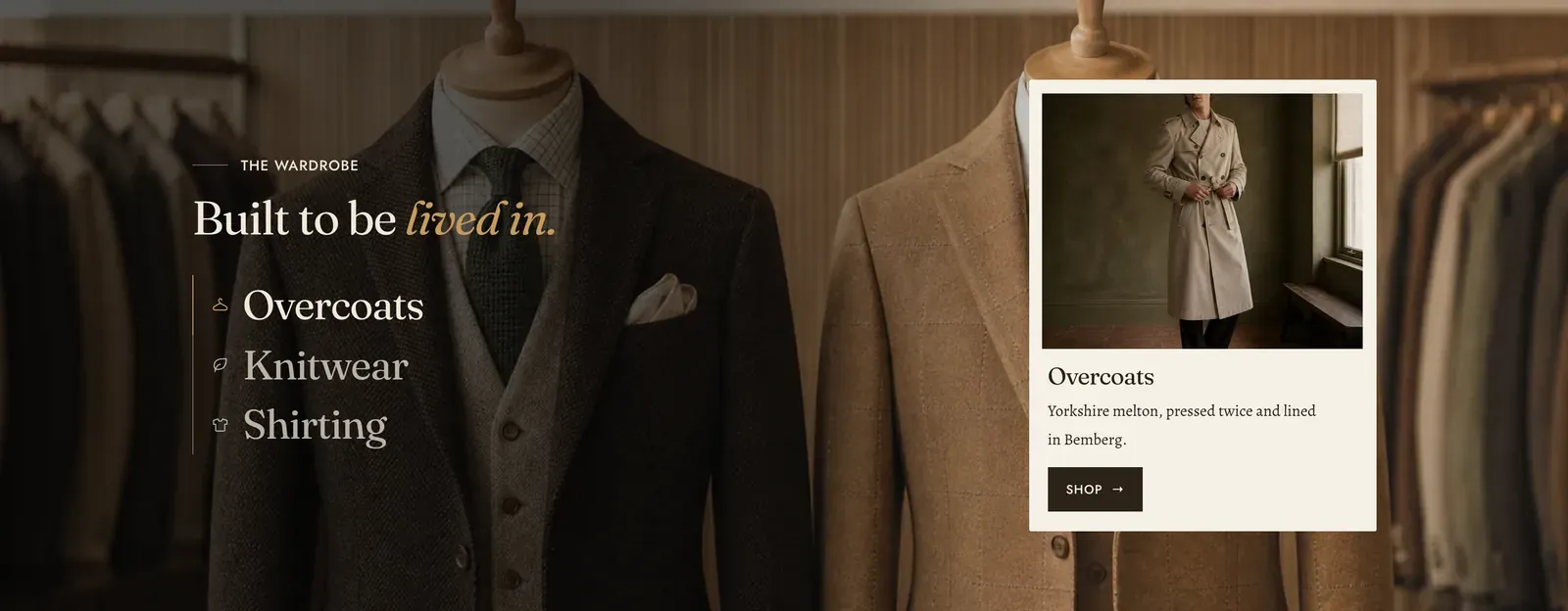 The Lapels Tabs banner section: a dim photograph of suits and coats hanging on a rail, with a tab column reading Overcoats, Knitwear and Shirting down the left, and a pale card in the lower right showing a small coat photograph, the heading "Overcoats", the line "Yorkshire melton, pressed twice and lined in Bemberg." and a "Shop" button.